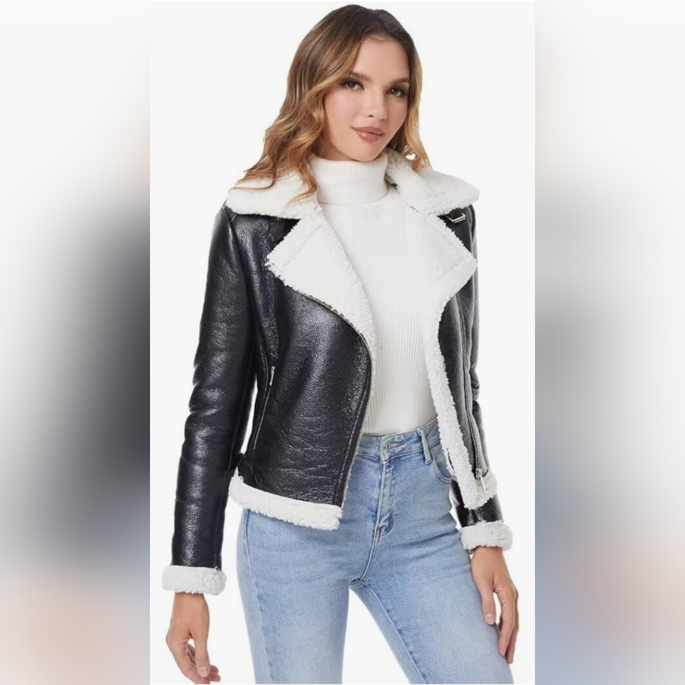 Faux Leather Shearing Fur Winter Coat - Picture 2 of 8